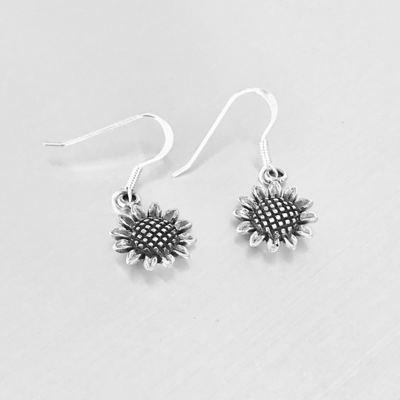 Sterling Silver Dangling Sunflower Earrings, Silver Earring, Flower Earrings - Picture 2 of 8